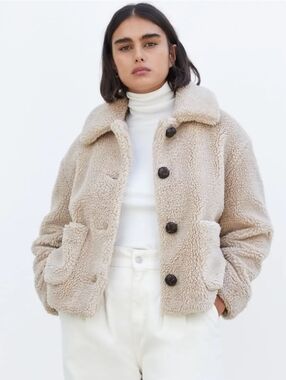 Zara Beige Teddy Faux-Shearling Button Jacket